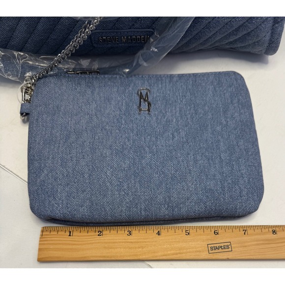 Steve Madden Bkattt-H Quilted Large Chain Tote Bag With Pouch Denim Blue - Picture 9 of 16